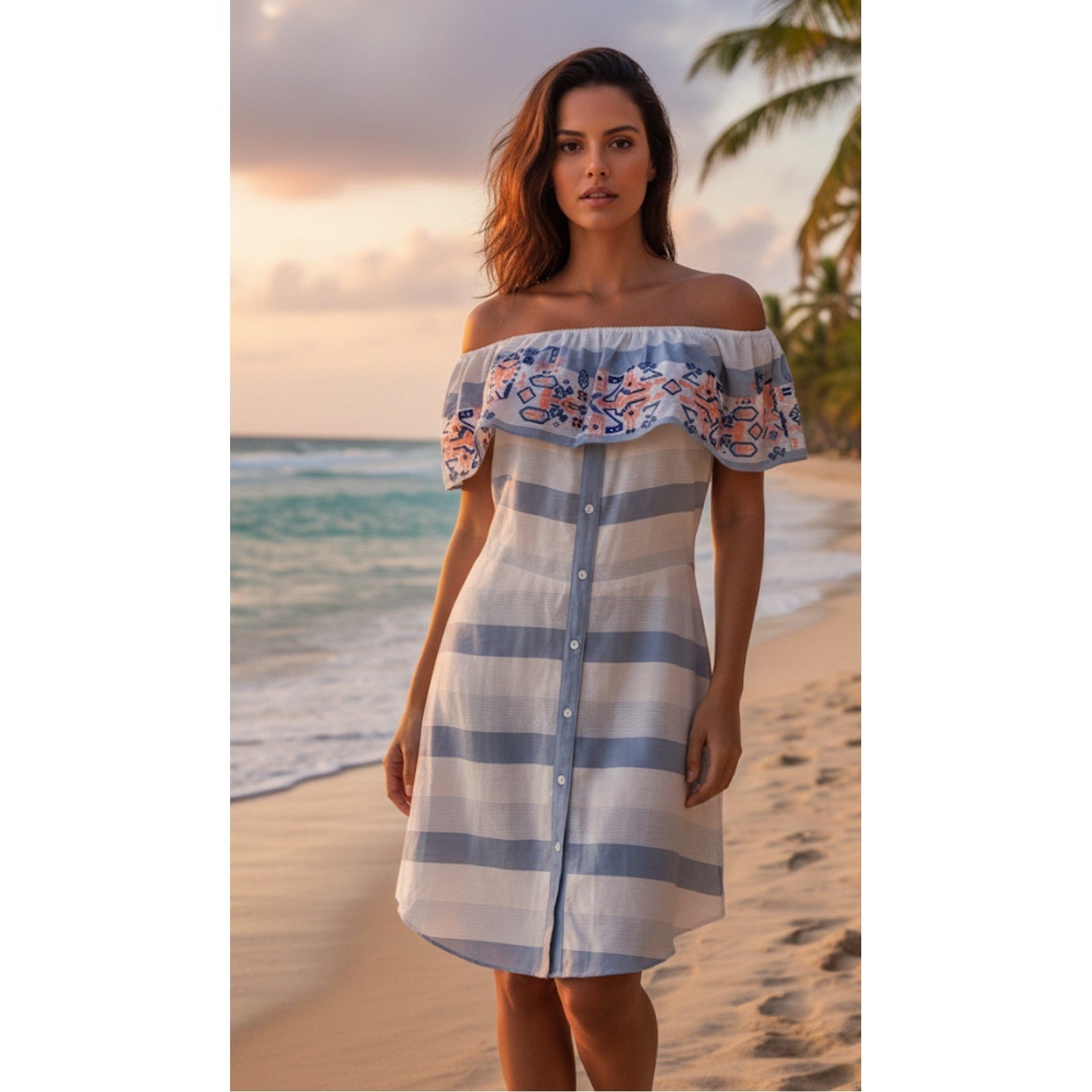 Sugar Lips Striped Button Embroidered Flounce Ruffle Off Shoulder Dress M